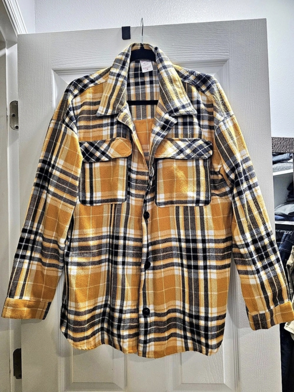 No Boundaries Women's Plaid Shirt Jacket Yellow & Black XXL